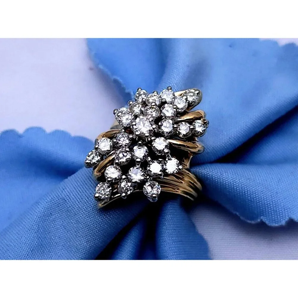 Unique 14K Karat Solid Yellow Gold Designer Round Diamond Cluster Ring - Size 6